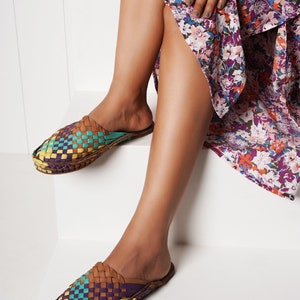 Colorful Chic: Women's Handmade Leather Huarache Woven Mules with Artistic Flair