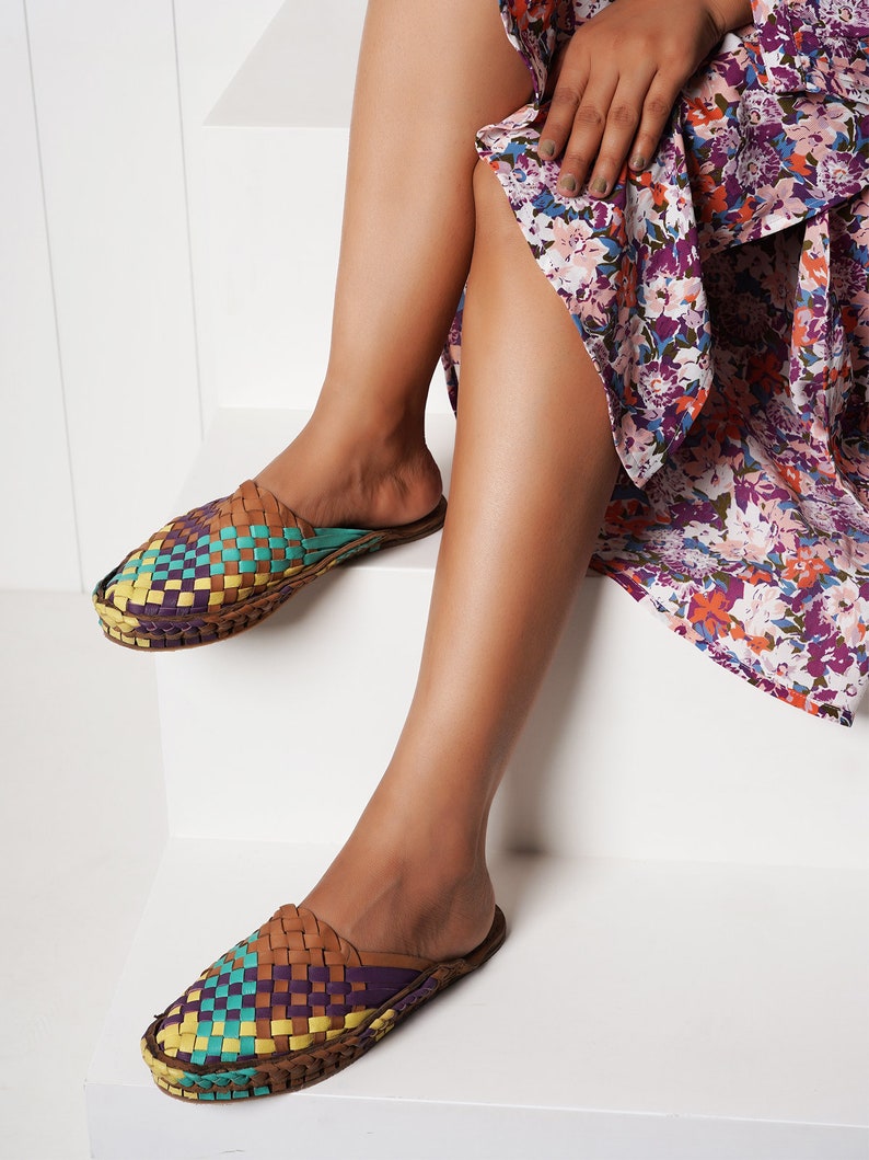 Colorful Chic: Women's Handmade Leather Huarache Woven Mules with Artistic Flair