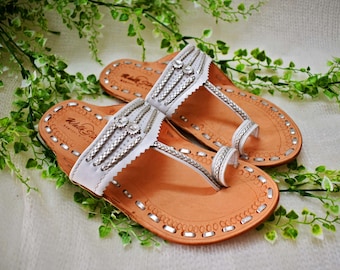 Women White Silver Indian wedding slippers & leather sandals for beach wedding, boho wedding, bride slippers, bridesmaid gifts