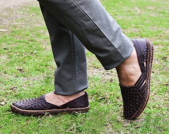 Men's Dark Brown Leather Huarache Sandals - Handmade Woven Shoes