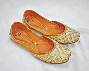 Green Handmade Leather Juttis for Women - Embellished with Beads and Embroidery - Traditional Indian Footwear