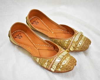 Gold Handmade Leather Juttis for Women - Embellished with Beads and Embroidery - Traditional Indian Footwear