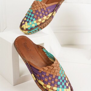 Step into Colorful Comfort with Handmade Leather Huarache Woven Mules for Women