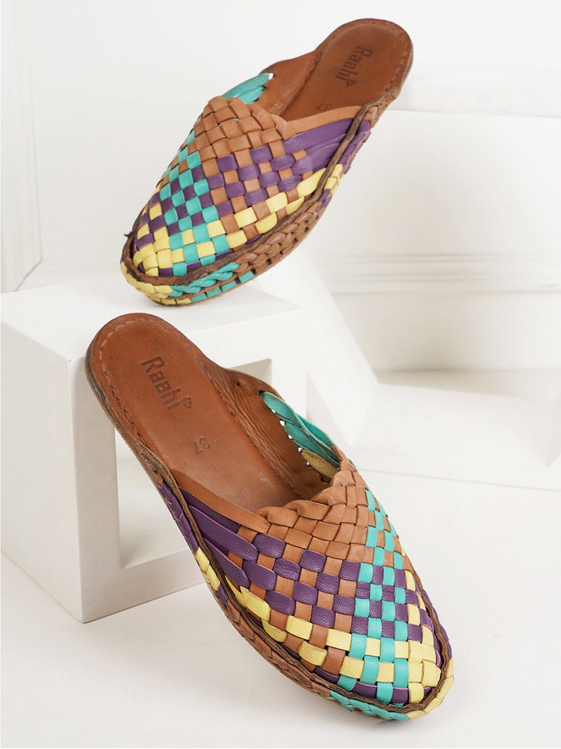 Step into Colorful Comfort with Handmade Leather Huarache Woven Mules for Women