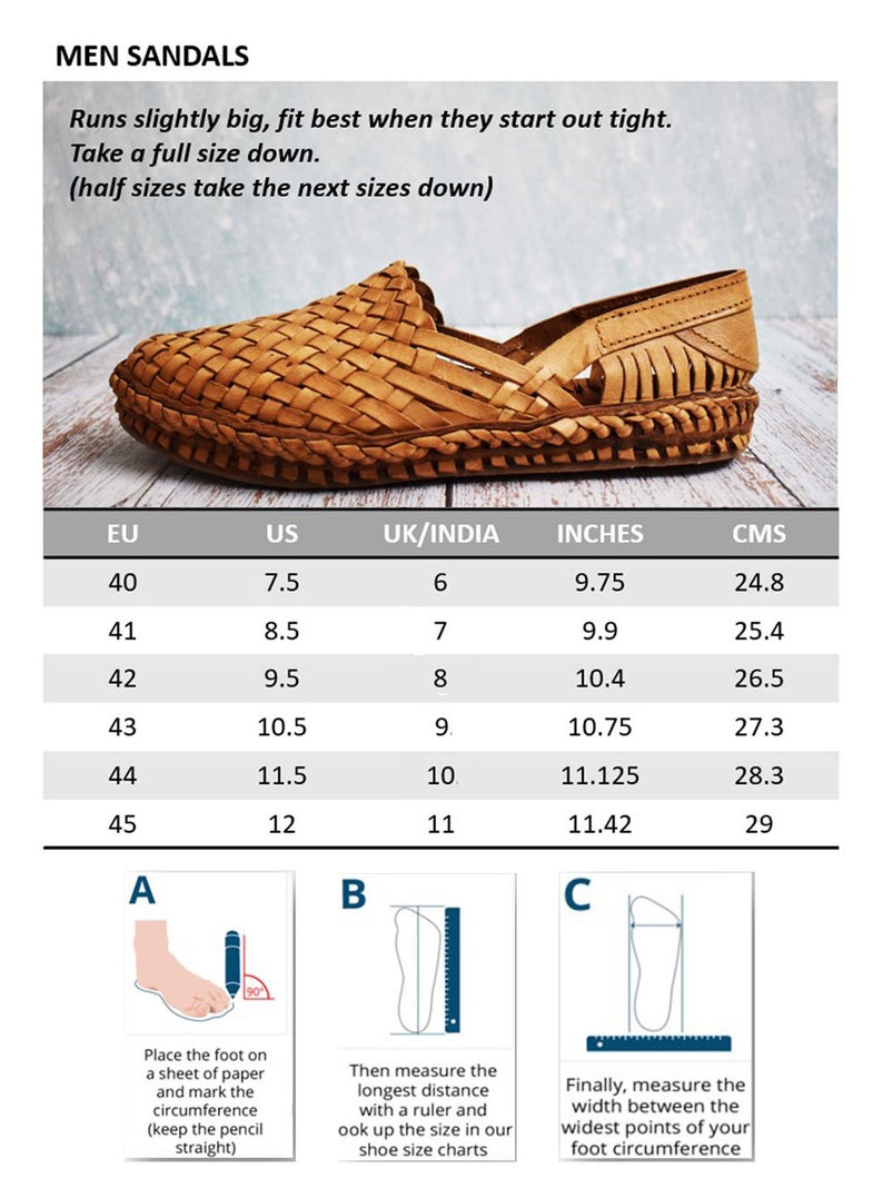 Men Huarache sandal size chart