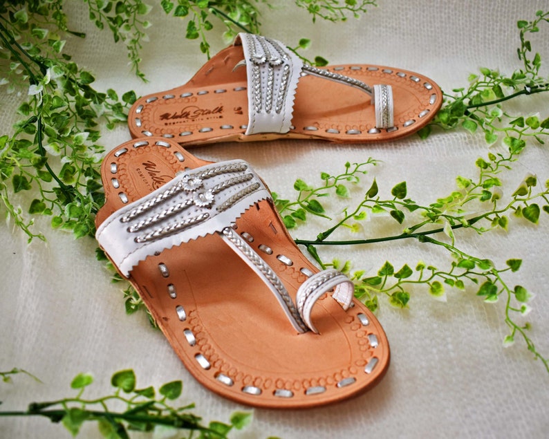 Women White Silver Indian wedding slippers & leather sandals for beach wedding, boho wedding, bride slippers, bridesmaid gifts image 2