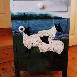 Art on the cupboard, small painted cupboard with sheep