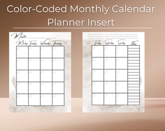Color-Coded Undated Monthly Calendar Planner Insert | 2-Page Legend Calendar, Monday to Sunday PDF Instant Download