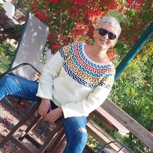 Crochet AUTUMN MOSAIC SWEATER pattern. Top-down round yoke. Charts and written pattern