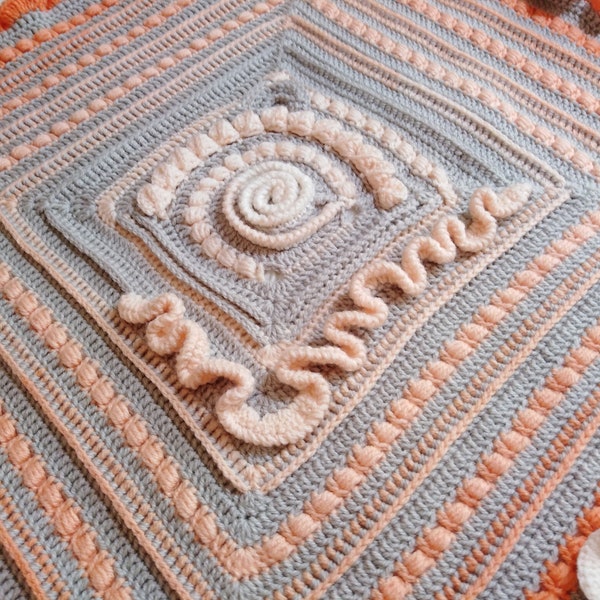 Free-form crochet pattern Coral Reef Garden extended into continuous square. Blanket, cushion cover. Great home decor & handmade gift idea