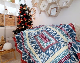 Cozy Mosaic Christmas. Rectangle center-out overlay mosaic crochet afghan/blanket pattern. Chart, written pattern, short video tutorial