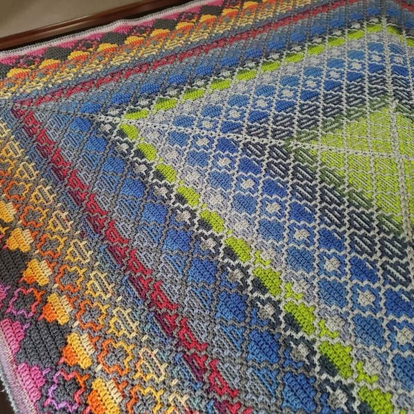 Easy geometric mosaic crochet afghan/blanket pattern No Limits. 4 patterns. Gender neutral. Includes: chart and mosaic crochet basics, tips