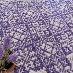 Gehaakt Afghaans/dekenpatroon met bloemenmozaïek Blooming Mosaic Tiles vanuit het midden naar buiten gehaakt. Houdt in: basisschema's en mozaïekhaken, tips