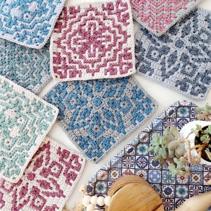 Joyas de mosaico de verano. Mosaico superpuesto en crochet en rondas desde el centro hacia afuera. Tres diseños. Gráficos y patrones escritos