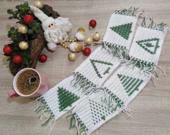 Mosaic Crochet Christmas Mug Rugs. Set of 6 different designs of Christmas Trees. Handmade Christmas gift for any family member, friend