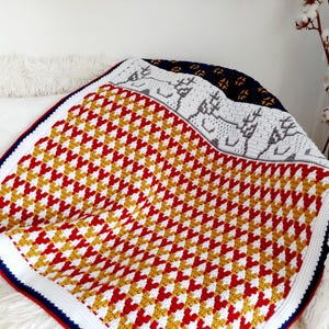 Overlay mosaic crochet baby blanket pattern Sleep Tight, Little Deer. Charts and written pattern