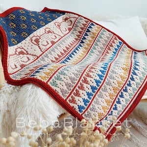 Overlay mosaic crochet baby blanket pattern Sleep Tight, Little Bear. Charts and written pattern