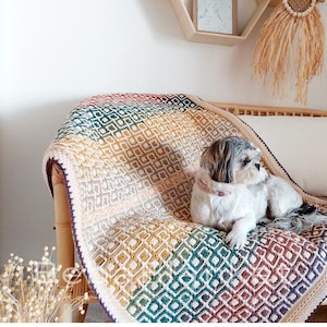 Overlay mosaic crochet blanket pattern Alpinada. Chart, written pattern and video tutorial