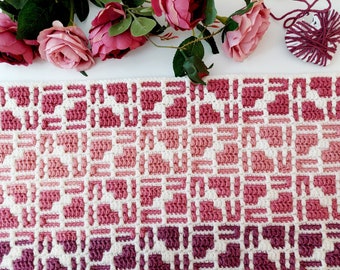 Overlay mosaic crochet in rows afghan/blanket pattern LOVE PUZZLE. Charts and written pattern. English, Dutch, German, Spanish