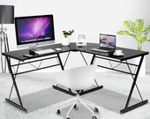L-Shape Computer Desk Corner Laptop Table with Tempered Glass Powder-Coated Solid Steel Frame Durable Sturdy