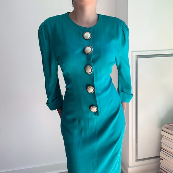 Elegant Vintage Teal Dress with Buttons