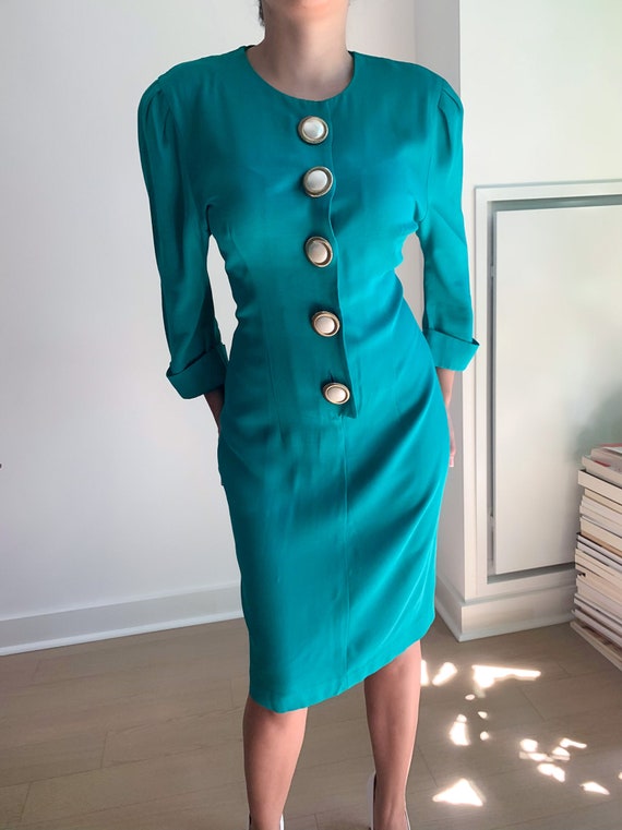 Elegant Vintage Teal Dress with Buttons
