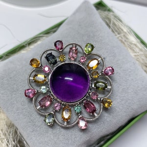 Pendant with amethyst and tourmaline natural stone, 925 silver