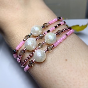 Rosa Armband mit Baroque Perle, Hämatit und Rauchquarz, 925 Silberelemente