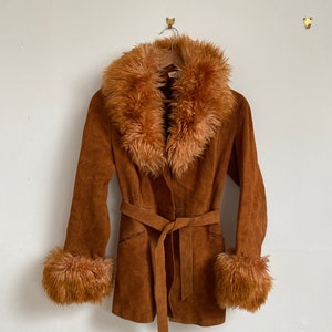 Suede 1970s TOPSHOP Fur Collar Jacket Vintage Afghan Hippie Almost Famous Penny Lane Rust Shearling Coat SMALL &#39;70s Short Leather Trench