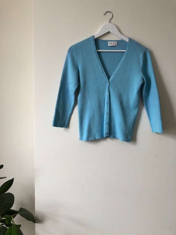 Baby Blue Ribbed V Neck 90s Y2K Short Vintage Card