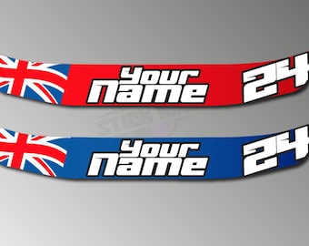 2 x aangepaste naam, nummer ELKE vlag helm vizier zonnestrip sticker sticker - 300 mm