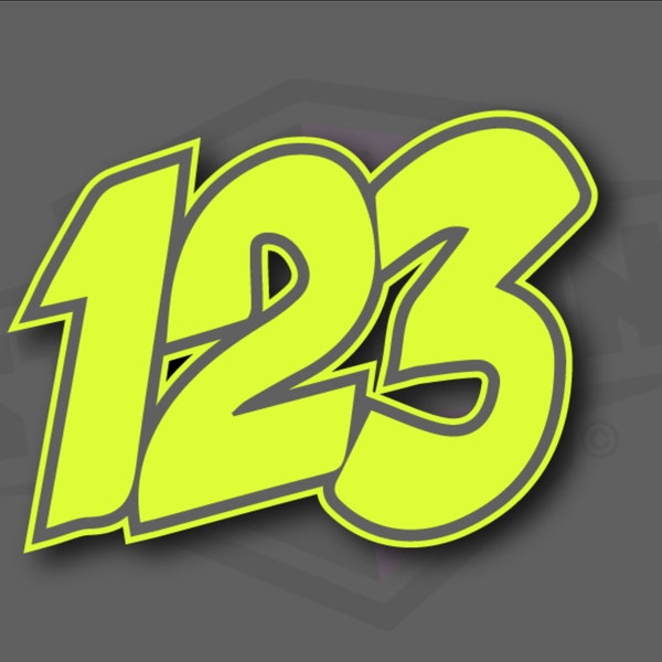 3 X números de carrera personalizados vinilo pegatinas / calcomanías moto - POW estilo neón fluorescente amarillo