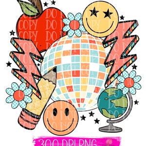 Retro school png, retro png, teacher png, back to school, disco ball png, school png, printable png