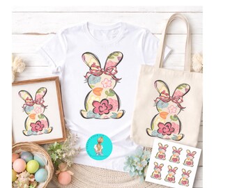 Floral Easter Bunny PNG, Spring Bunny Sublimation Design, Cute Rabbit Clipart for Shirts, Signs and Crafts