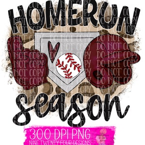 May include: A digital illustration of a baseball-themed design with the words "HOMERUN season" in black text on a brown leopard print background. The design includes a baseball, a catcher's mitt, and a baseball glove, all in shades of maroon.