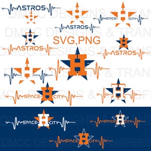 May include: A collection of Houston Astros-themed designs in orange, navy blue, and white. The designs include star shapes with the letter "H" inside, the word "ASTROS", and the phrase "SPACE CITY", all with a heartbeat-like graphic. The text "SVG, PNG" is also present.