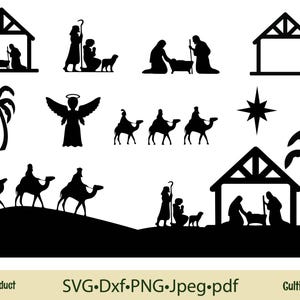 Pakiet Narodzenia SVG Chrześcijańskie Boże Narodzenie Wytnij plik Dxf PNG Jpeg Pdf Crafting Holiday Clip Art Pełna scena Narodzenia i poszczególne elementy