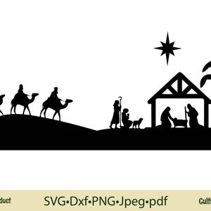 Scena Narodzenia SVG Chrześcijańskie Boże Narodzenie Rzemiosło Clip Art Scena Żłóbka Cięcie laserowe Dfx Scrapbooking Szopka Cięcie Plik SVG PNG Jpeg