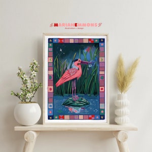 Pink Bird Art | Colorful Bird Art | Kitschy nature wall art| Funky Nature Art Print | 8.5 x 11 Wall Art | wildlife wall decor bird painting