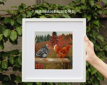 May include: A framed illustration of two chickens, one with black and white feathers and the other with brown feathers, standing on a wooden fence. The background is a forest scene with red berries.