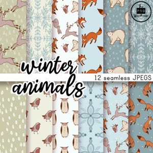 MOTIFS D'ANIMAUX D'HIVER Téléchargement instantané de 12 JPEG, 300 dpi 12 x 12 pouces, arrière-plans de modèles sans couture - chevreuils renards renards hiboux