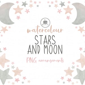 Aquarel STERREN en MOONs CLIPART - 11 pngs - instant download - 300dpi - clip art ontwerpen - aquarel stijl schilderij maan ster grijs grijs