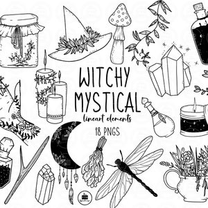 MYSTICAL WITCHY Lineart Elements - 18 png clip art designs - instant download 300 dpi line art non filled hand drawn elements doodles black