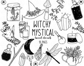 MYSTICAL WITCHY Lineart Elements - 18 png clip art designs - instant download 300 dpi line art non filled hand drawn elements doodles black
