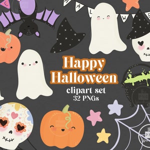 HAPPY HALLOWEEN Clip Art - 32 pngs - descarga instantánea - 300dpi - diseños de imágenes prediseñadas - fantasmas calabazas espeluznante lindos dulces kawaii caramelo púrpura