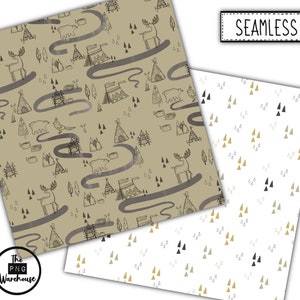 May include: Two seamless patterns, one with a brown background and a repeating pattern of woodland animals, trees, and tipis, and the other with a white background and a repeating pattern of black, gray, and gold triangles. The text "SEAMLESS" is in a black rectangle at the top of the image.