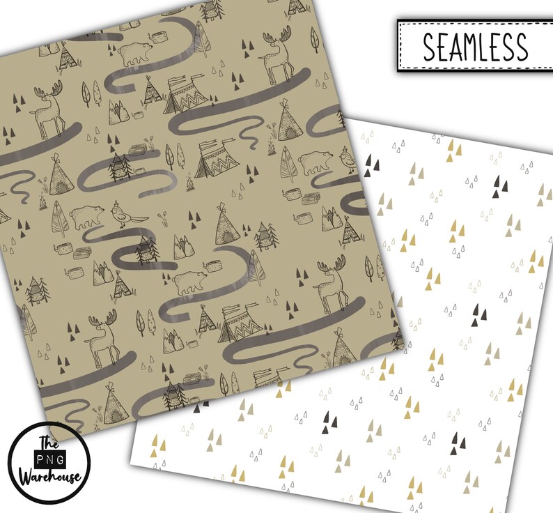 May include: Two seamless patterns, one with a brown background and a repeating pattern of woodland animals, trees, and tipis, and the other with a white background and a repeating pattern of black, gray, and gold triangles. The text "SEAMLESS" is in a black rectangle at the top of the image.