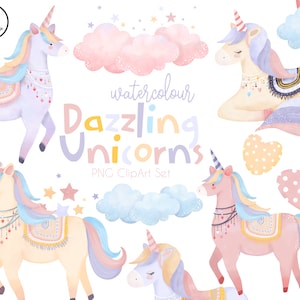 DAZZLING UNICORNS CLIPART - 14 pngs - instant download - 300dpi - clip art designs - unicorns clouds stars pastel pink purple watercolour