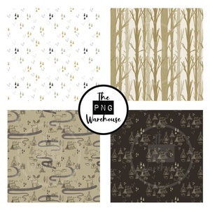 May include: Four digital paper patterns in a set. The patterns are in a woodland theme. One pattern features a white background with gold and gray triangles. Another pattern features a white background with brown tree trunks. The third pattern features a beige background with a repeating pattern of tents, trees, and deer. The fourth pattern features a black background with a repeating pattern of tents, trees, and deer. The text "The PNG Warehouse" is in a circle in the center of the image.