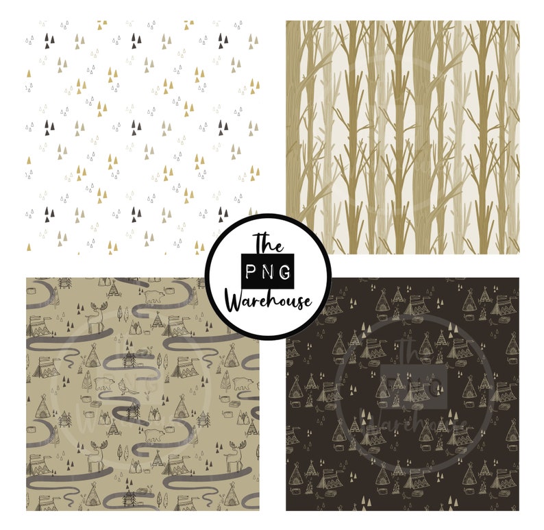 May include: Four digital paper patterns in a set. The patterns are in a woodland theme. One pattern features a white background with gold and gray triangles. Another pattern features a white background with brown tree trunks. The third pattern features a beige background with a repeating pattern of tents, trees, and deer. The fourth pattern features a black background with a repeating pattern of tents, trees, and deer. The text "The PNG Warehouse" is in a circle in the center of the image.